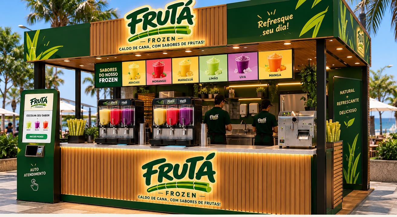 Quiosque Frutá de 3 x 4 metros com totem de autoatendimento e TVs de sabores
